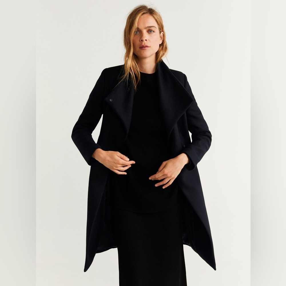 Mango Italian sustainable Wool Belted Black Coat | Elegant Wrap Overcoat